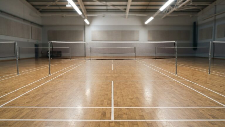 Prázdný badmintonový kurt se sítí a vyznačenými čarami