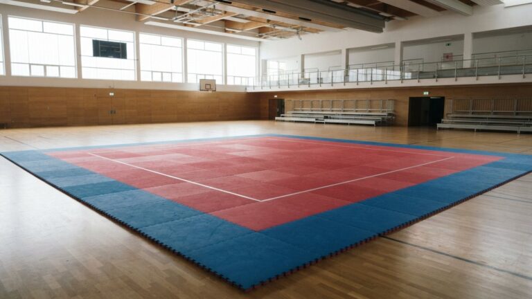 Prázdné zápasiště pro karate s červenomodrými žíněnkami ve sportovní hale