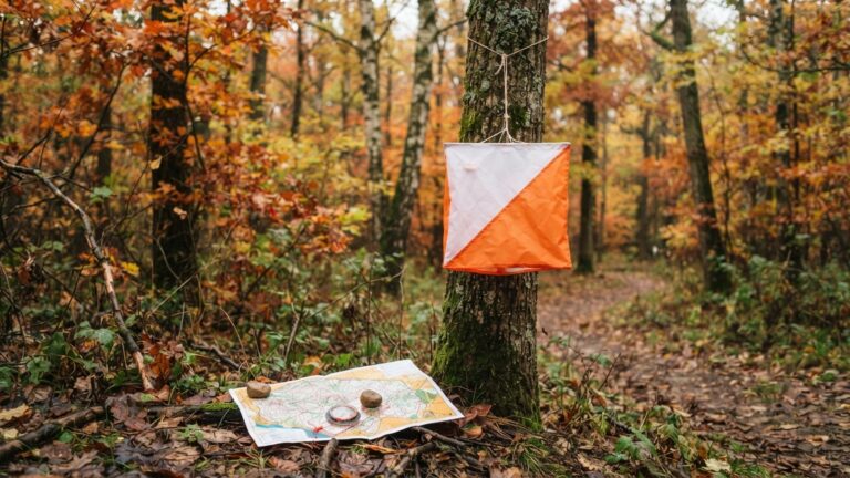 Oranžovobílý lampion v podzimním lese s mapou a buzolou