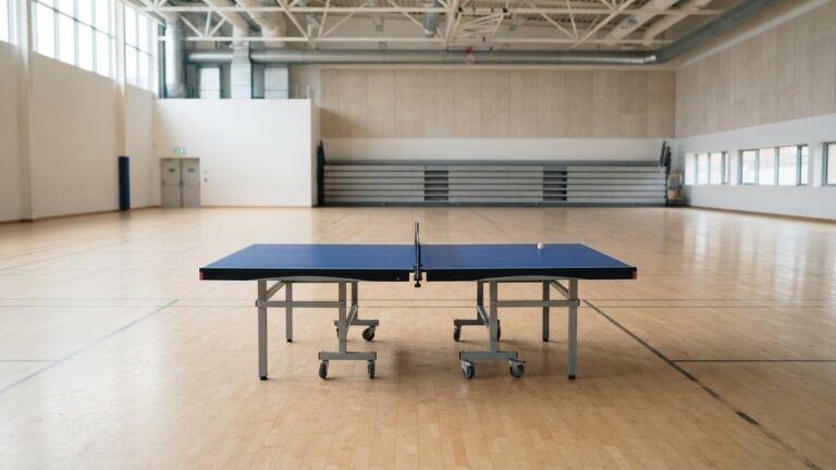 Modrý stůl na stolní tenis v hale