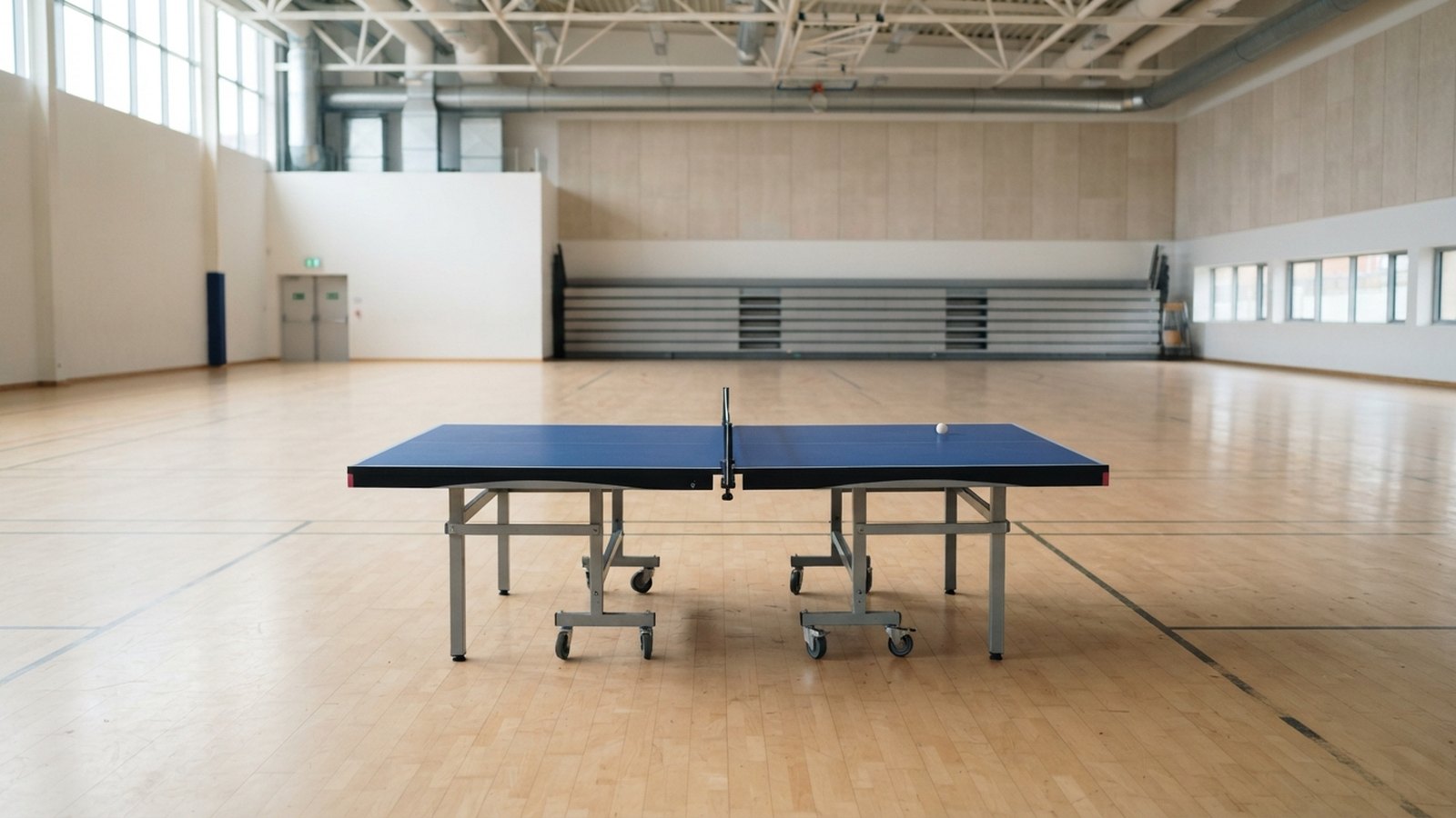 Modrý stůl na stolní tenis v hale
