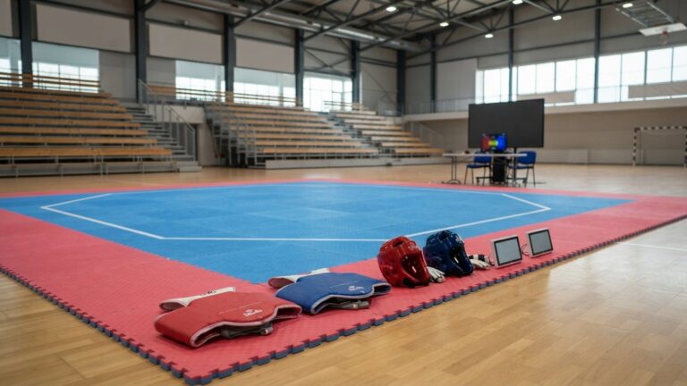 Zápasiště s elektronickými chrániči a helmami připravenými na okraji tatami