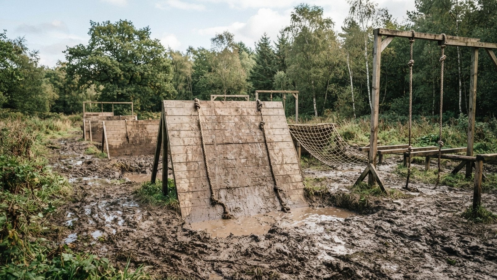 Blátivá trať překážkového závodu s dřevěnými stěnami