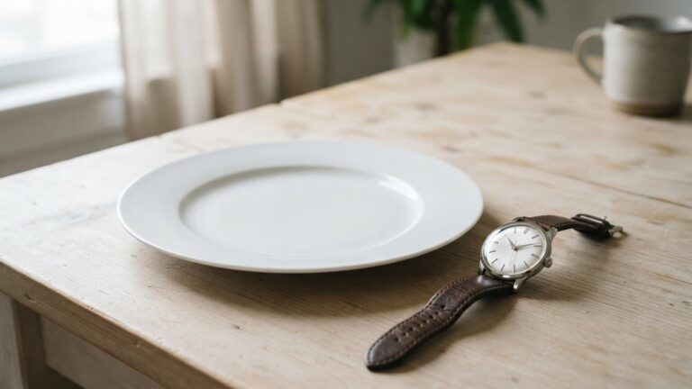 Prázdný talíř a náramkové hodinky na stole