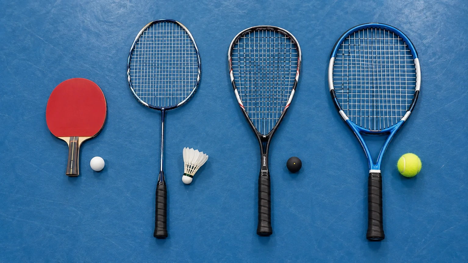 Vybavení pro stolní tenis, badminton, squash a tenis – AI ilustrace.