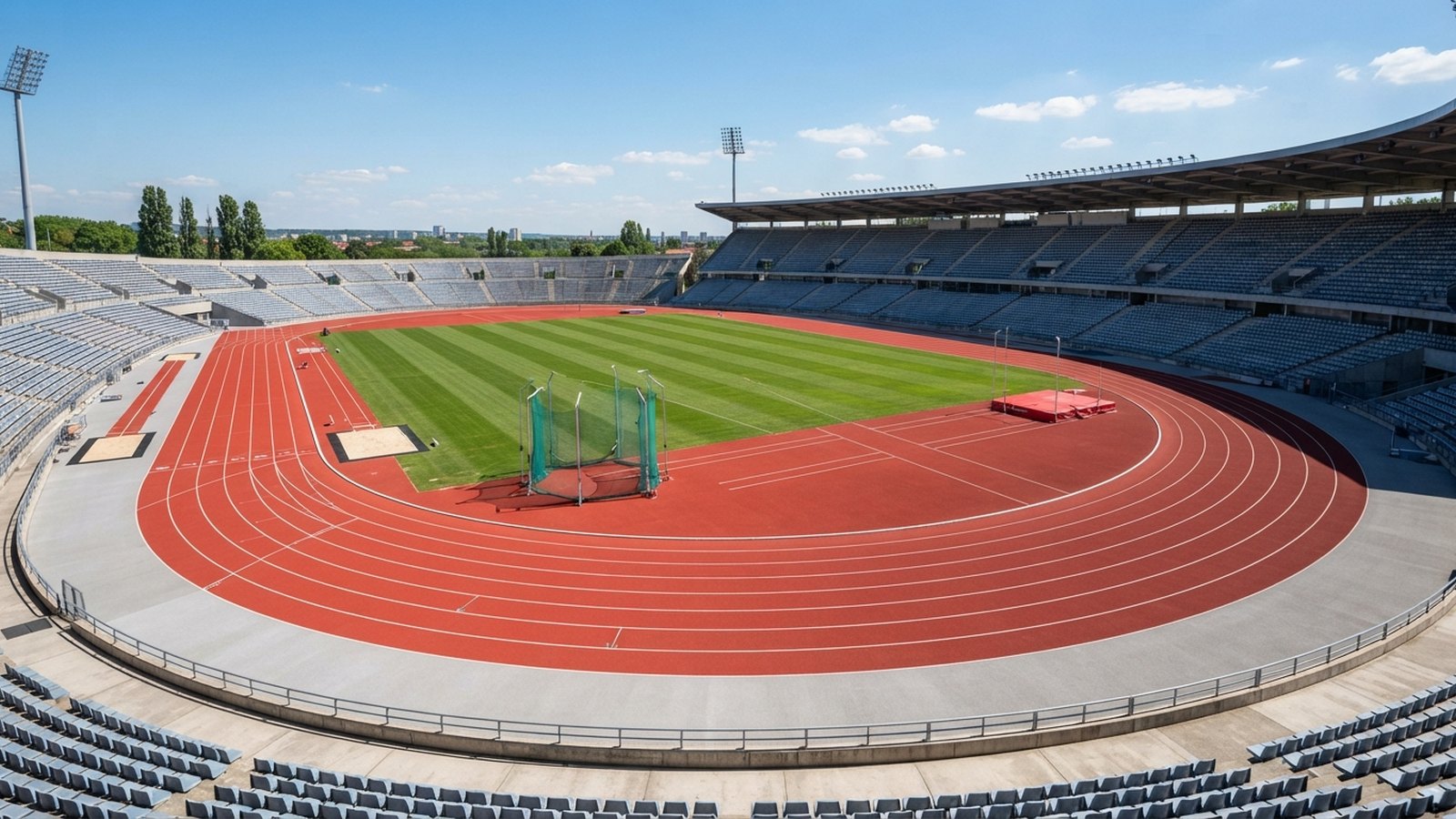 Atletický stadion s dráhou a sektory v denním světle