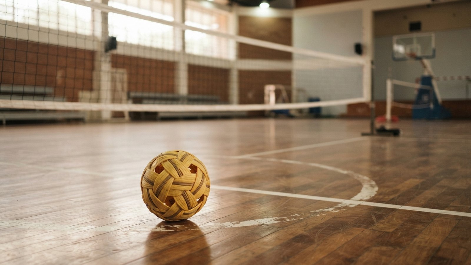 Pletený míč na sepak takraw před sítí