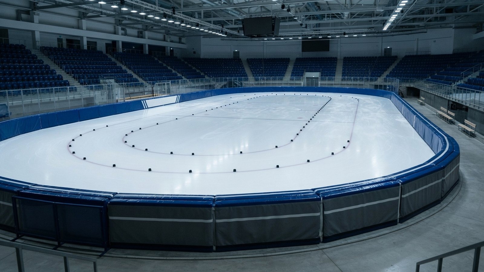 Ovál short tracku vyznačený bloky na ledě