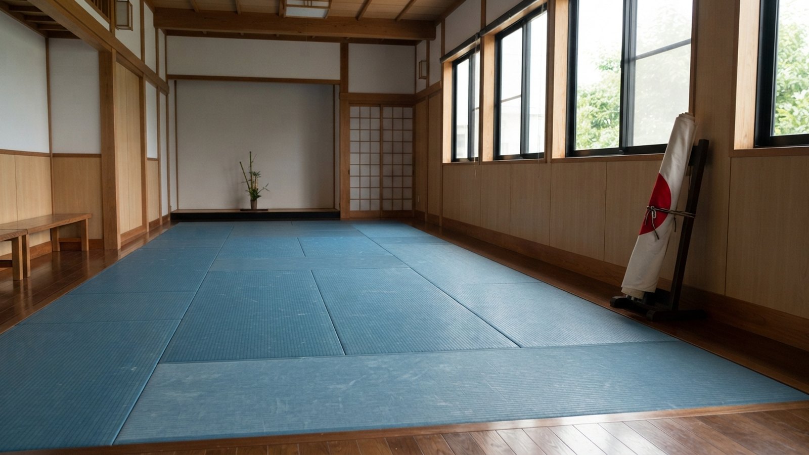 Menší dojo s modrými tatami