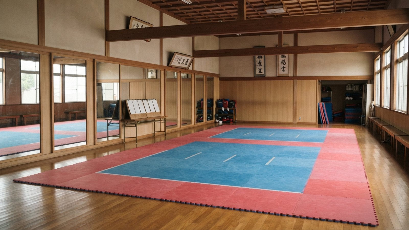 Tělocvična karate s tatami a zrcadly