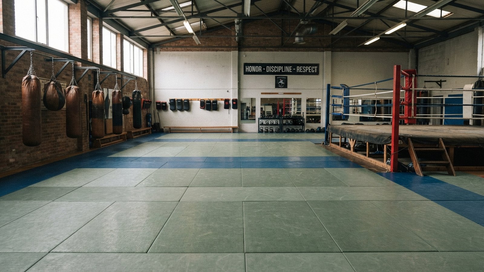 Tělocvična s tatami a nevyužitým ringem