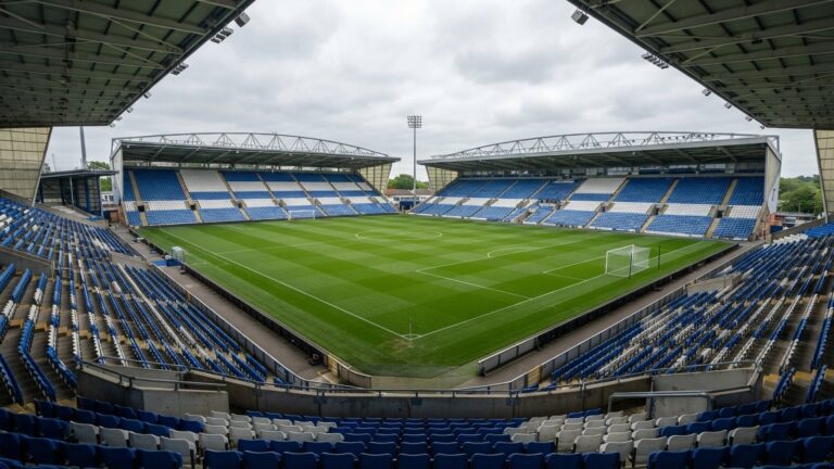 Prázdný fotbalový stadion s modrobílými sedačkami a čtyřmi tribunami