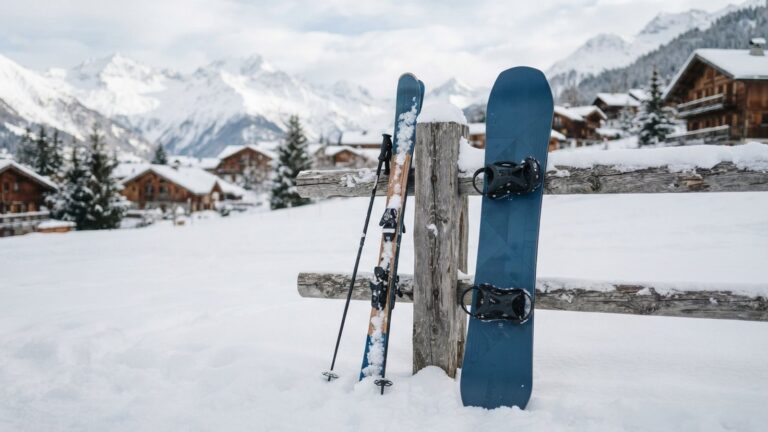 Snowboard a lyže opřené o dřevěné zábradlí ve sněhu