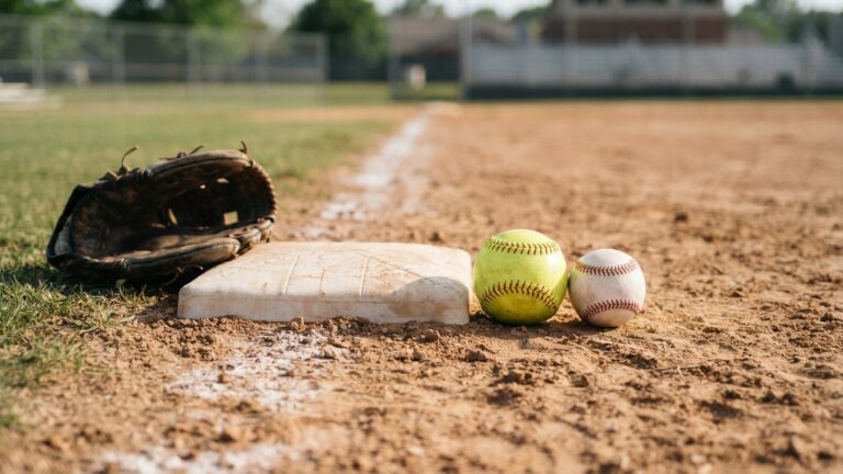 Žlutý softballový a bílý baseballový míček vedle sebe