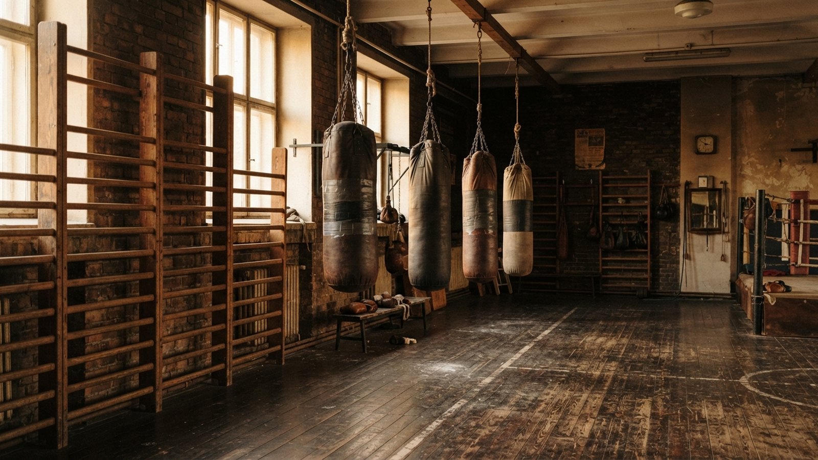 Stará sokolská tělocvična s boxovacími pytli