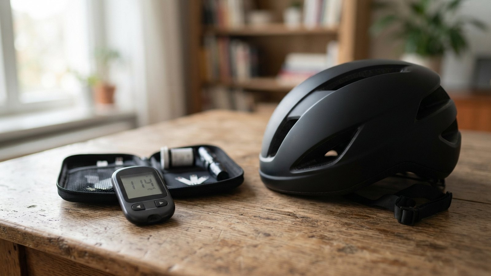 Glukometr a cyklistická helma na dřevěném stole