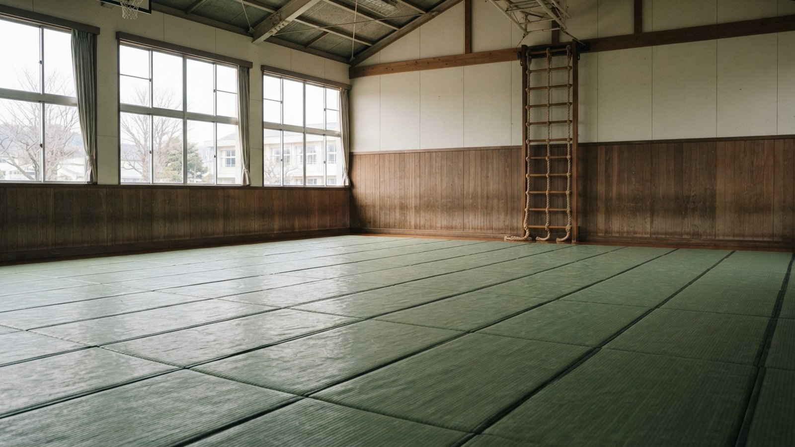 Školní tělocvična se zelenými tatami