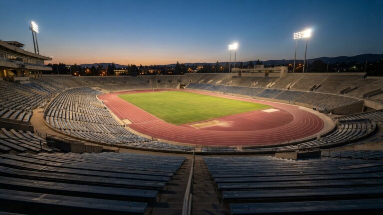 Prázdný univerzitní stadion s atletickou dráhou za soumraku