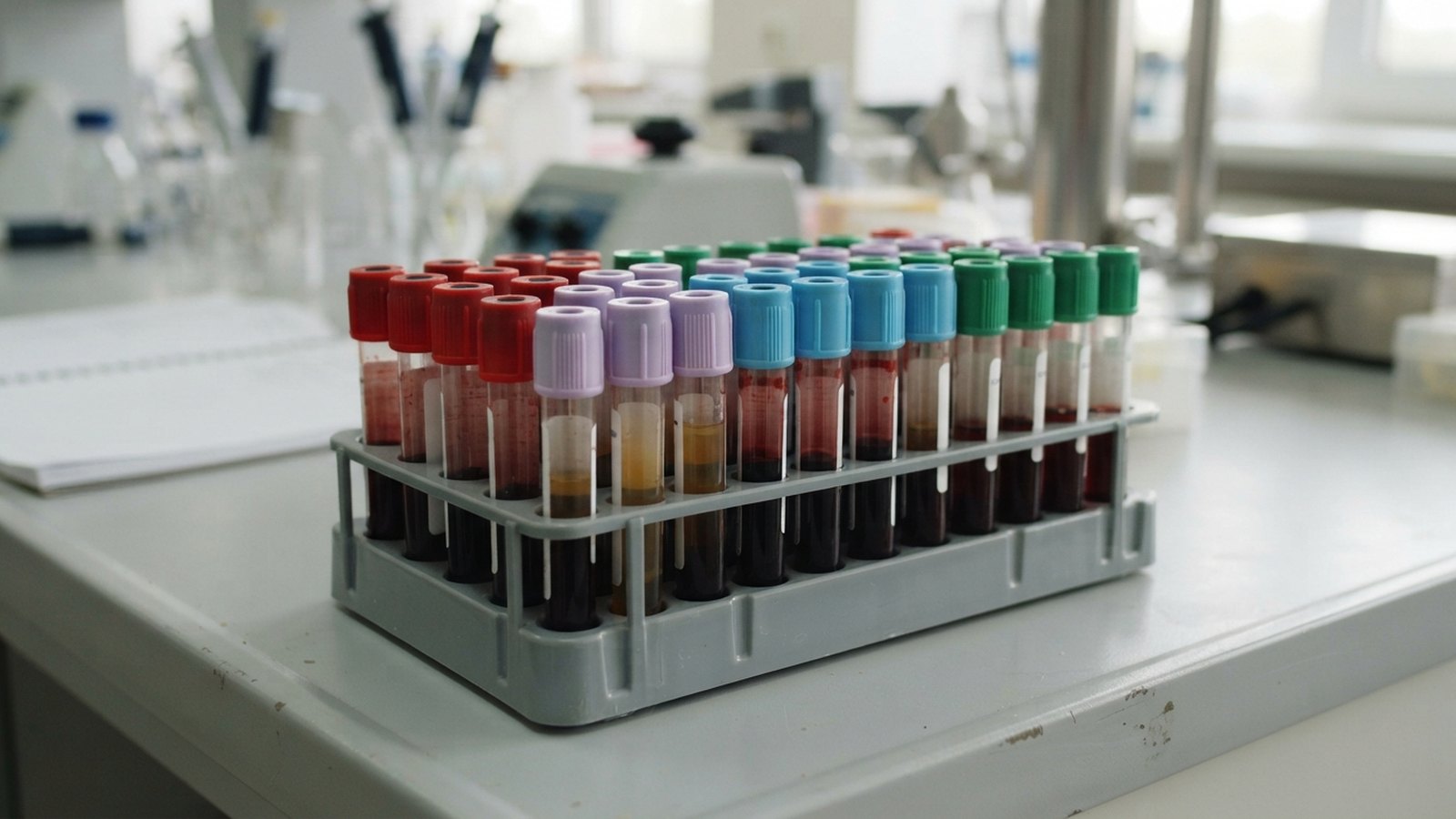 Zkumavky na odběr krve ve stojanu v laboratoři