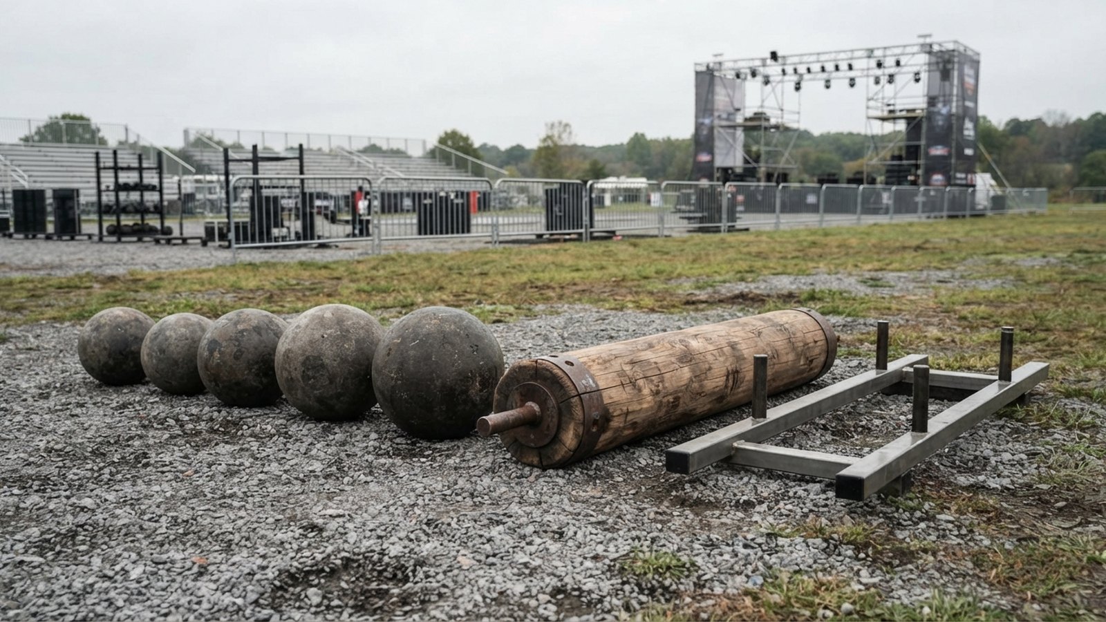 Atlasovy kameny a kláda na štěrku vedle rámu na farmářskou chůzi