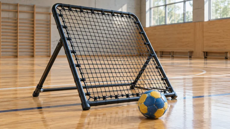 Odrazový rám a míč na tchoukball v tělocvičně – AI ilustrace.