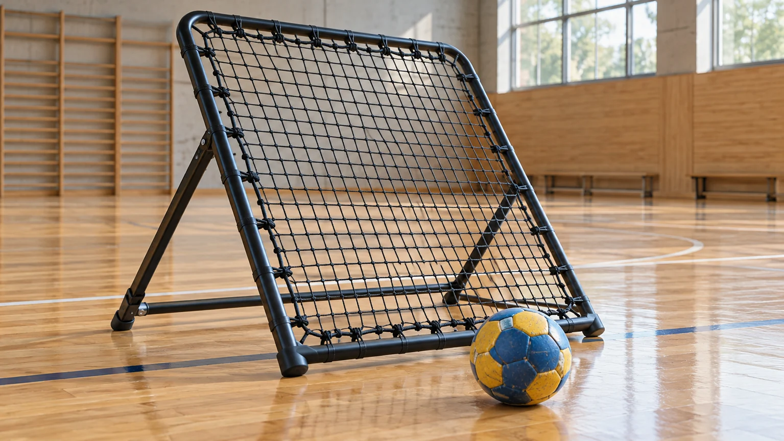 Odrazový rám a míč na tchoukball v tělocvičně – AI ilustrace.