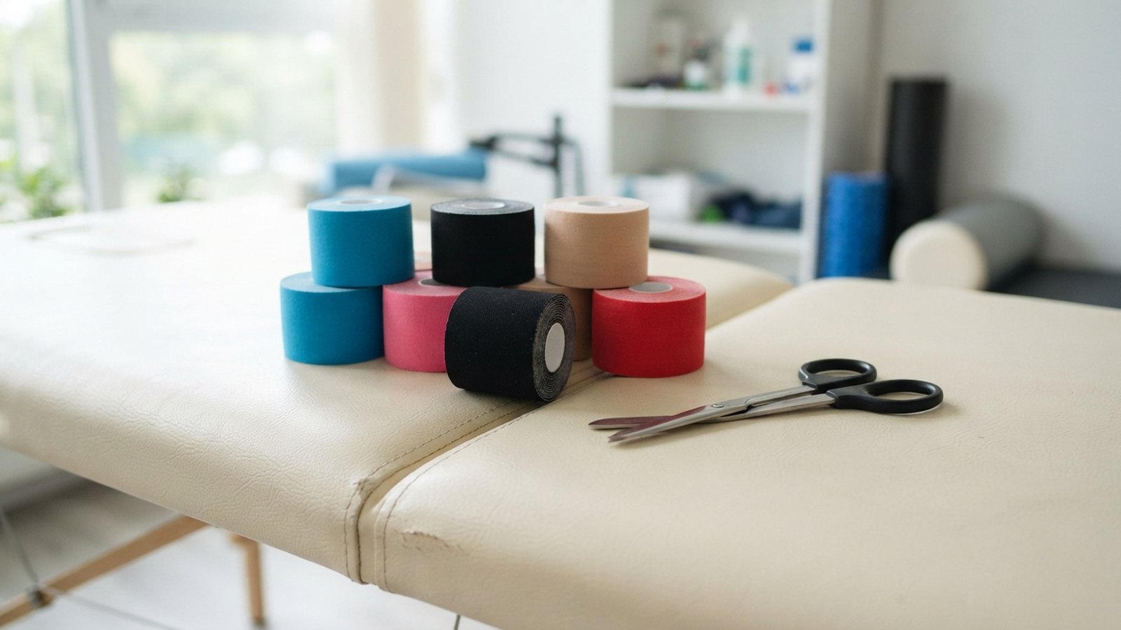 Role kineziotejpu a nůžky na stole ve fyzioterapii