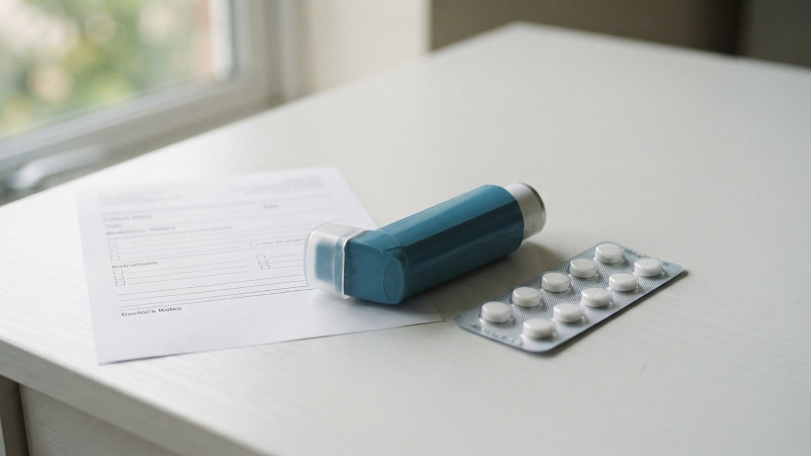 Inhalátor a léky na stole vedle lékařského formuláře