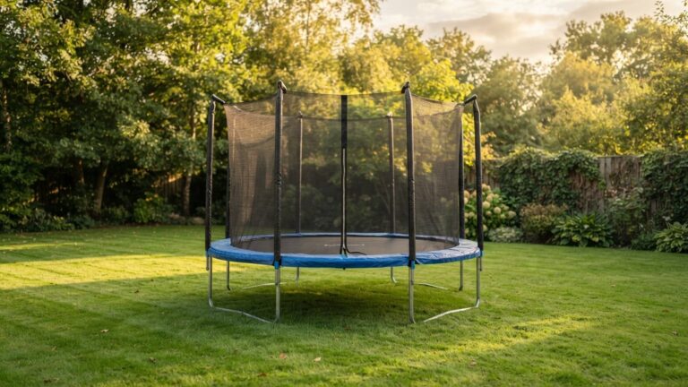Prázdná zahradní trampolína s ochrannou sítí na trávníku