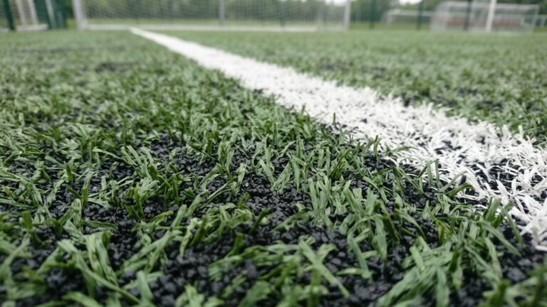 Detail umělého trávníku se zásypem a bílou vyznačenou linií