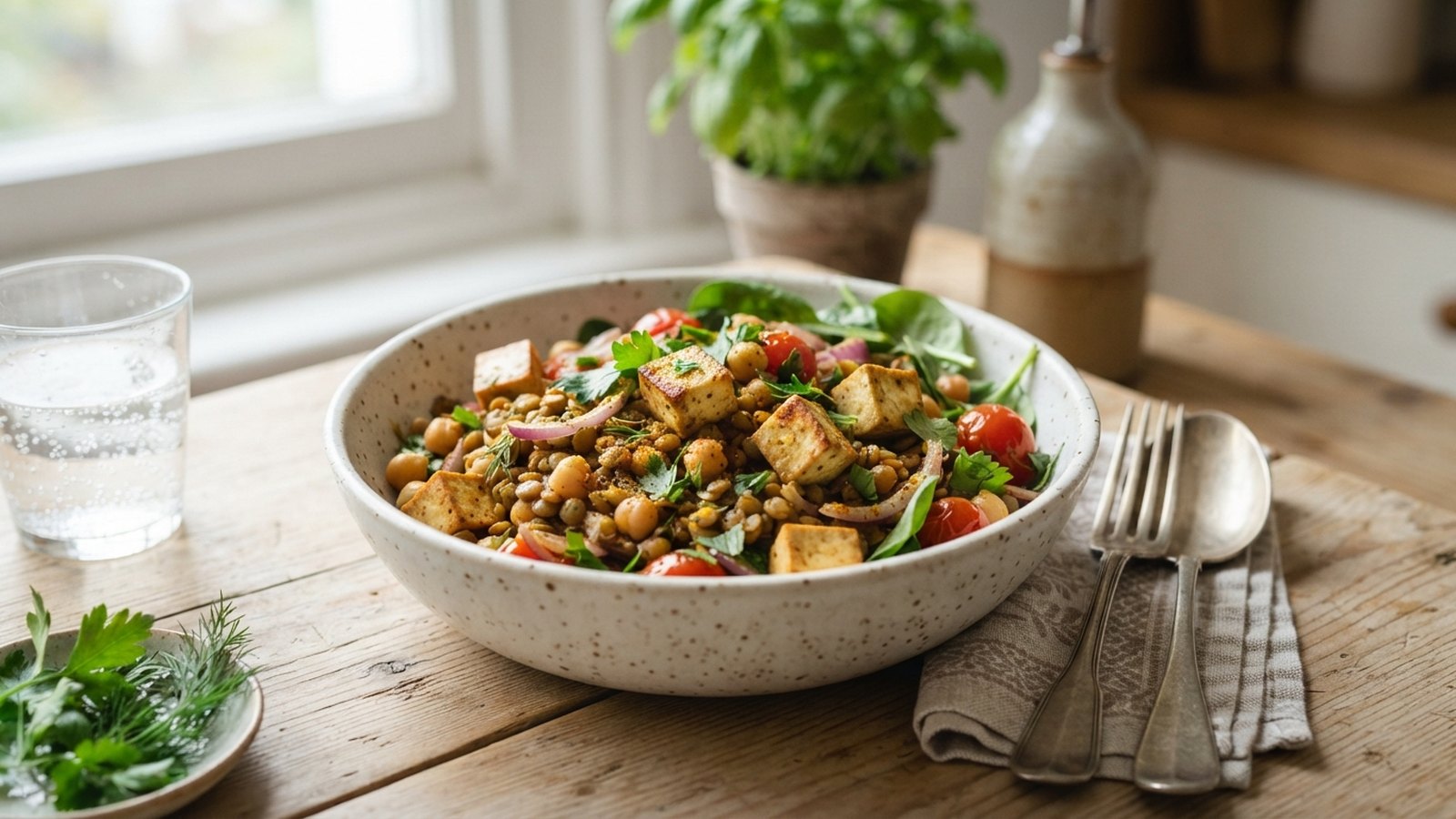 Miska čočky, cizrny a tofu na dřevěném stole