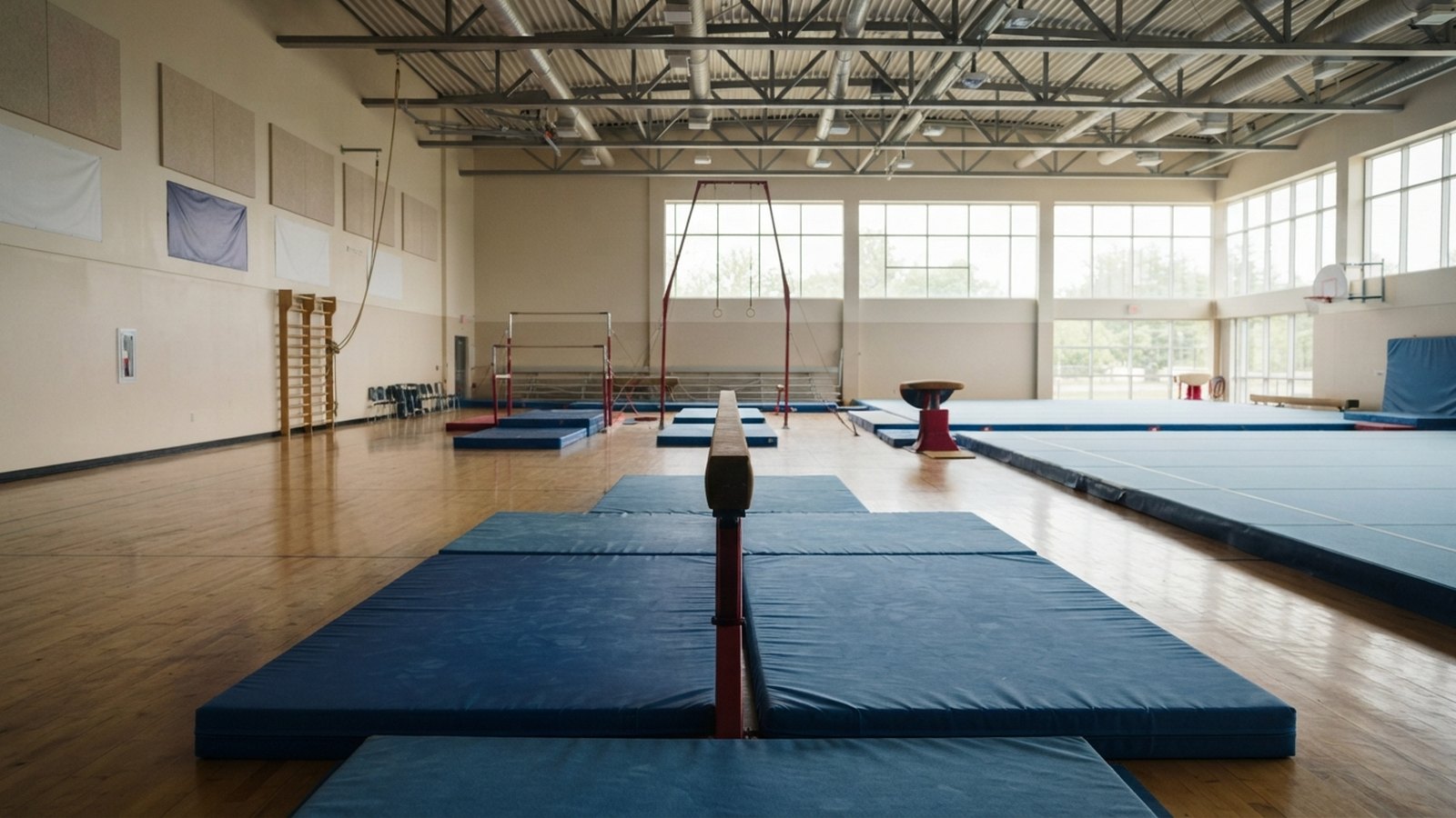 Prázdná gymnastická hala s kladinou a žíněnkami