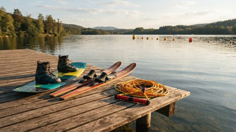 Wakeboard a vodní lyže na dřevěném molu vedle madla vlečného lana