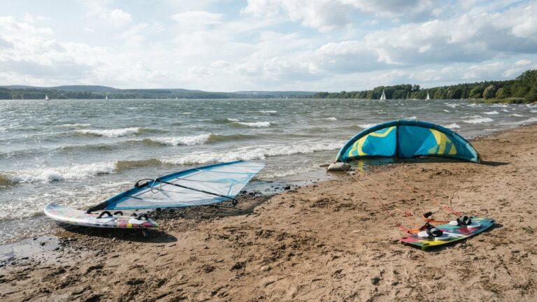 Windsurfingové prkno s plachtou a kiteboard s rozloženými šňůrami na břehu