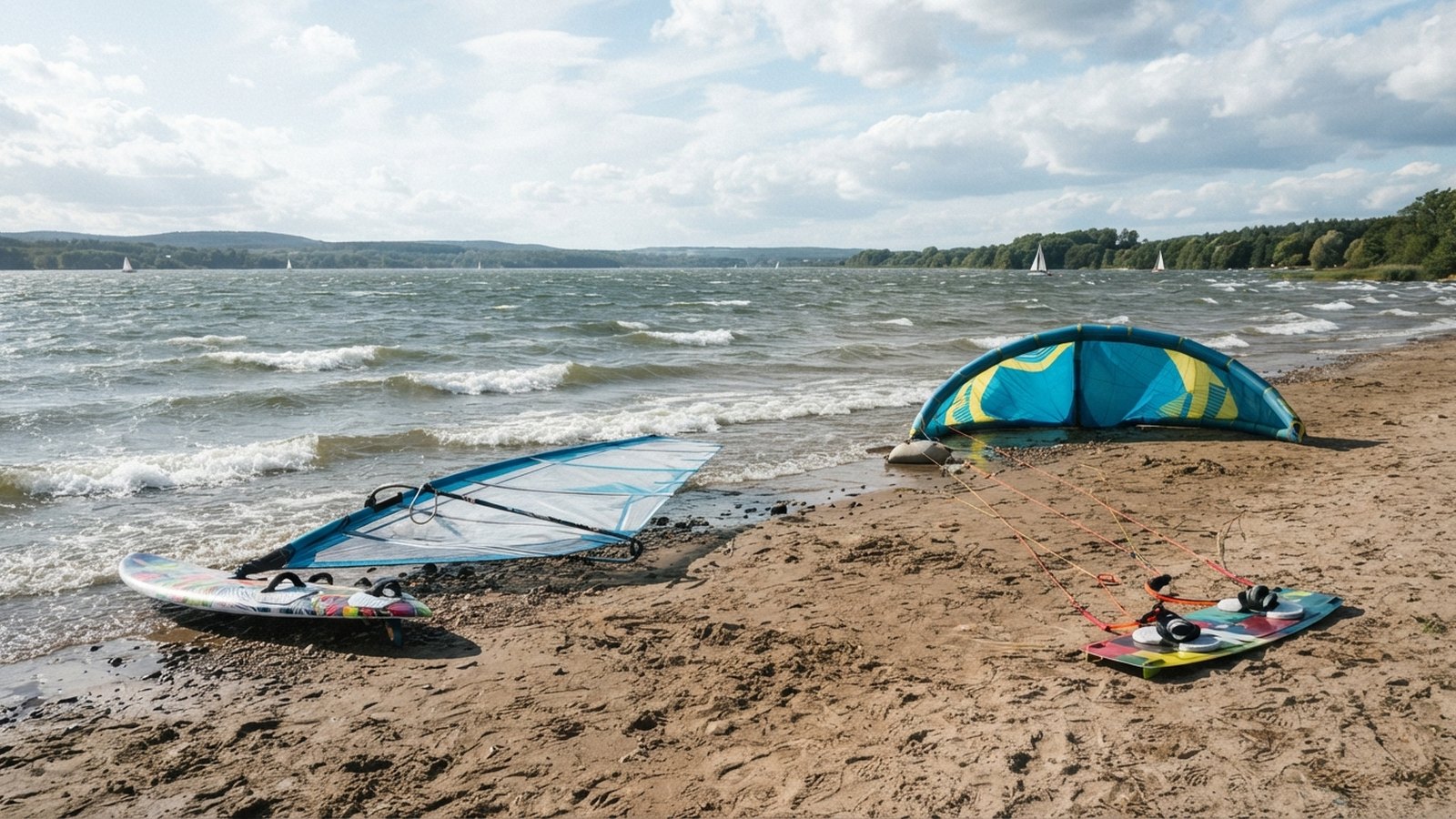 Windsurfingové prkno s plachtou a kiteboard s rozloženými šňůrami na břehu