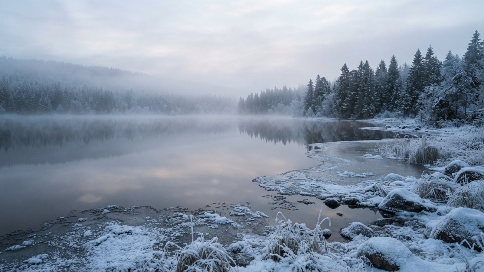 Zimní jezero s namrzlými břehy a ranní mlhou