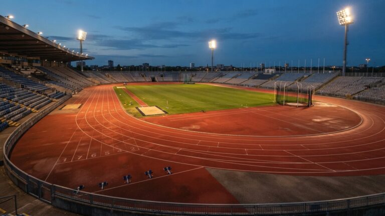 Atletický stadion s červenou tartanovou dráhou a prázdnými tribunami