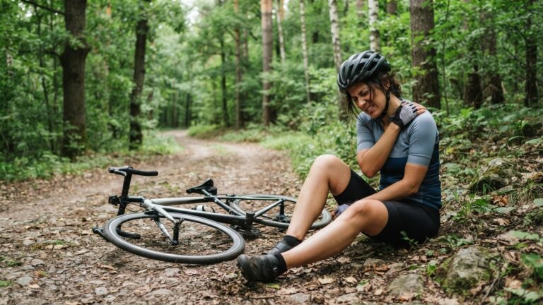 Cyklista po pádu si drží oblast klíční kosti