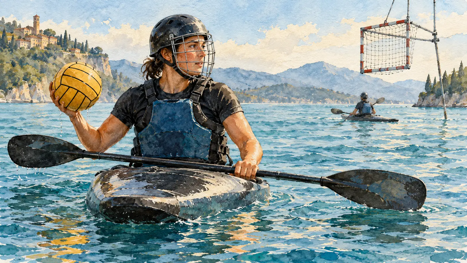Ilustrace kanoepolového hráče v kajaku s ochrannou přilbou, vestou a míčem