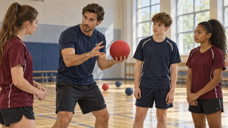 Ilustrace trenéra vysvětlujícího dodgeball třem mladým hráčům v hale.