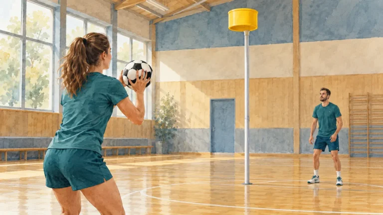 Redakční akvarelová ilustrace korfbalistky s míčem a koše na tyči