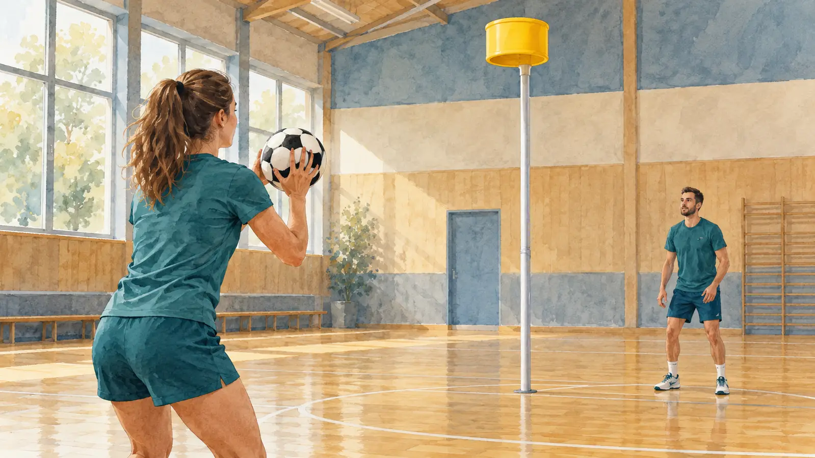 Redakční akvarelová ilustrace korfbalistky s míčem a koše na tyči
