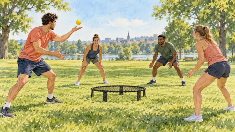 Akvarelová ilustrace čtyř dospělých hráčů kolem nízké roundnetové sítě v parku