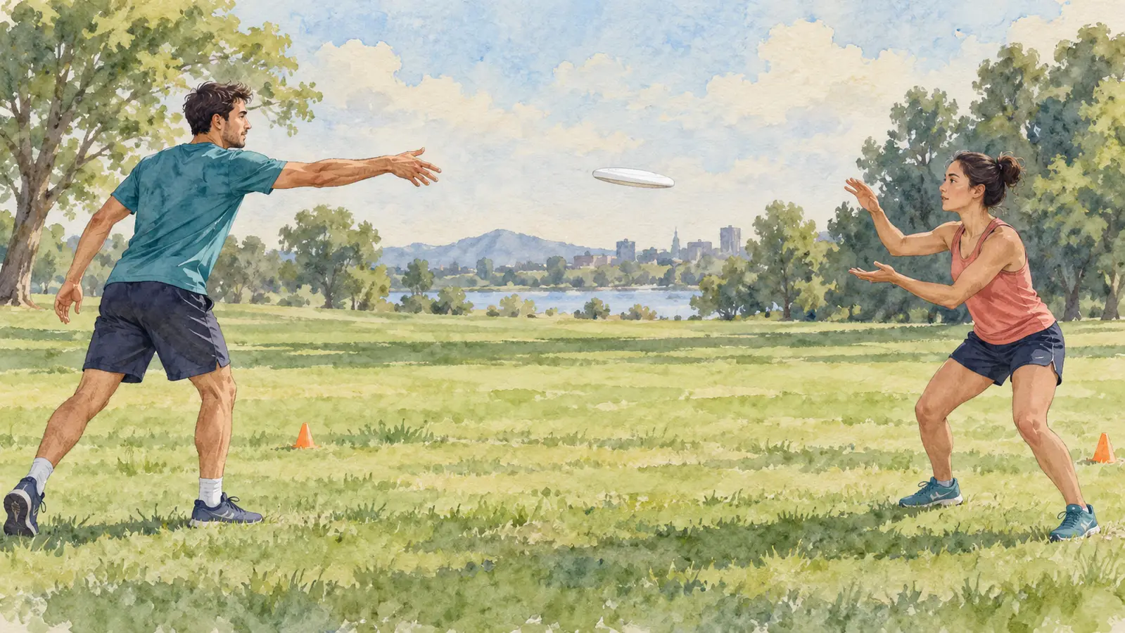 Akvarelová ilustrace dvojice dospělých při krátké přihrávce bílým diskem na trávě
