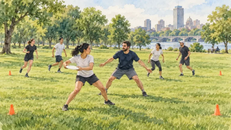 Akvarelová ilustrace amatérských hráčů ultimate a vytyčení plochy kužely v parku